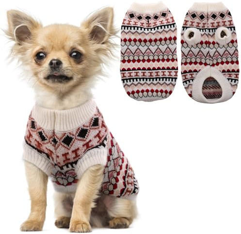 Hjumarayan Hundepullover für kleine Hunde – Boho Strickpullover warm & dick für kalte Wintertage | weich & elastisch | mit Geschirröffnung | leicht anzuziehen | Zwergspitz (Beige Rot S)