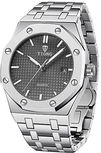 Tiong Silbergraue Herren Quarz Edelstahl Uhr,Analoge Herrenuhr mit Datumsanzeige, leuchtende wasserdichte Herrenuhr