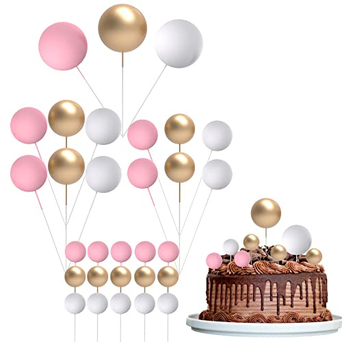 30 Pcs Mini Balloon Cake Topper, Pink and Gold Foam Balls Cake Decorations, DIY Foam Ball Pearl Ball Cupcake Topper for Baby Shower Wedding Anniversary Birthday Party