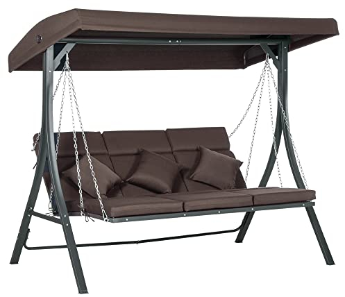 Outsunny Hollywoodschaukel 3-Sitzer, Schaukelbank mit Verstellbarem Sonnendach, Gartenschaukel mit Kissen, bis 270 kg Belastbar, Metall, Texteline, Braun, 198 x 118 x 168 cm