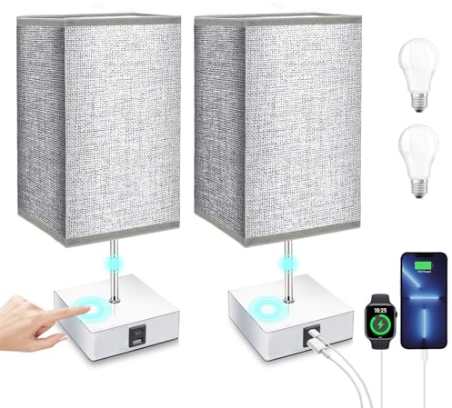 Aurorast Pacco da 2 lampade da comodino a controllo touch, lampade da tavolo dimmerabili a 3 livelli con porte di ricarica USB A+C per camera da letto, soggiorno e ufficio (Incluse lampadine LED E27)