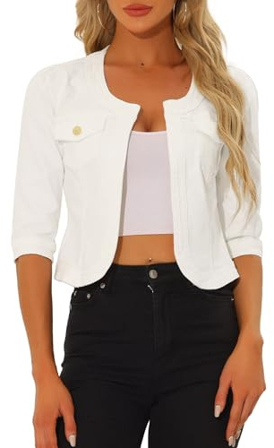 Allegra K Damen Jeansjacke Kurz 3/4 Ärmel Open Front Kragenlos Jacke mit Taschen