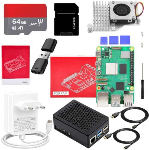 Vemico Starter Kit pour Raspberry Pi 5 8GO RAM 64GO Edition | Active Cooler,27W GaN 5,1V5A USB-C Alimentation,64GO Carte,4K Câble Micro HD Out,Pi5 8GO Board,Pi5 Boîtier,Manuel Utilisateur