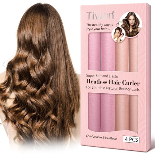 Värmelösa hårkurlare, Heatless Curling Rod huvudband Set, 4st hår curling wrap, ingen värme lata naturliga mjuka vågformer DIY naturliga hårstyling verktyg för långt medelhår Rosa