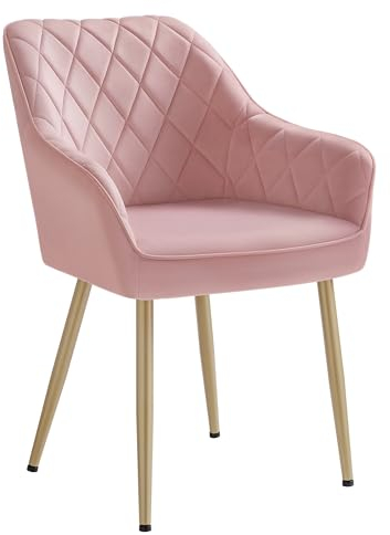 SONGMICS Silla de Comedor, Silla de Cocina, Sillón de Terciopelo, Silla Tapizada con Reposabrazos, Carga Máx. de 120 kg, Patas de Metal, para Comedor, Cocina, Rosa Jalea y Dorado Pálido LDC088R01