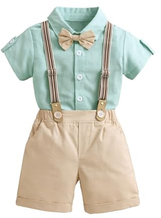 Volunboy Bebis pojkar gentleman set, kortärmad skjorta med fluga + korta sommarbyxor 4 delar kostymkläder, Grön/beige, 4-5 años