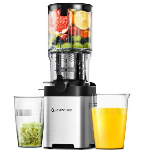AMZCHEF Slow Juicer – extra brett fack för hela frukter – lätt att rengöra med 2 glas