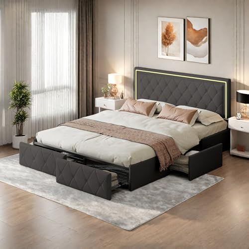 Letto Matrimoniale Imbottito con Luci a LED 140x200 cm, Struttura Letto Matrimoniale con 4 Cassetti, in Pelle PU, Letto con Contenitore, Supporto a Doghe in Legno, Non Necessita di Molle, Grigio