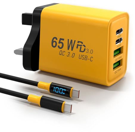 65W USB C Charger, 4-Port Multi-Device Fast Charging, Compact GaN Power Adapter, Digital display Cable, for MacBook, iPhone 16 Series, Laptop, Samsung Galaxy, Pixel, ThinkPad, Dell XPS, HP, iPad,etc.