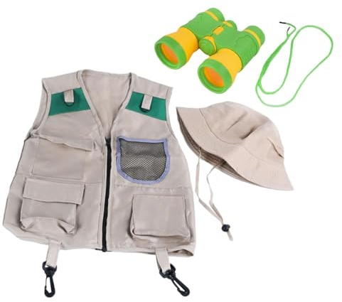 Almencla Set da Esploratore per Bambini, Gilet da Campeggio Avventura, Binocolo, Diario Illustrato, Giocattoli Educativi, Attrezzatura da Campeggio per Giochi, Giubbotto in Maglia