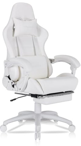 Homracer Gaming Chair Grade:A Genuine Leather Ergonomic Office Computer Chair-High Back with Massage Function, 360° Swivel Adjustable Armrests, Classic White