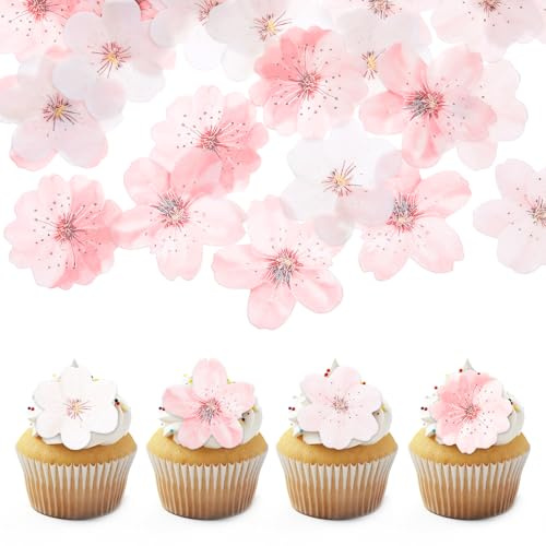 Giantree Lot de 50 décorations de gâteaux comestibles en forme de fleurs de cerisier en papier de riz pour cocktail, fête prénatale, fête d'anniversaire