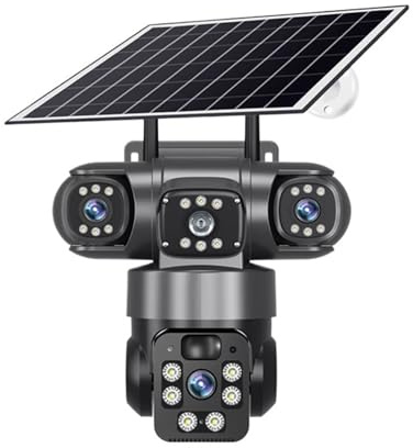 KVBRUI Telecamera Solare da 15 MP, 3 Lenti, 3 schermi, Wi-Fi o SIM 4G, videosorveglianza Esterna, telecamere di Sicurezza CCTV PTZ IP66 con Pannello Solare V380(12MP 4G Cam)