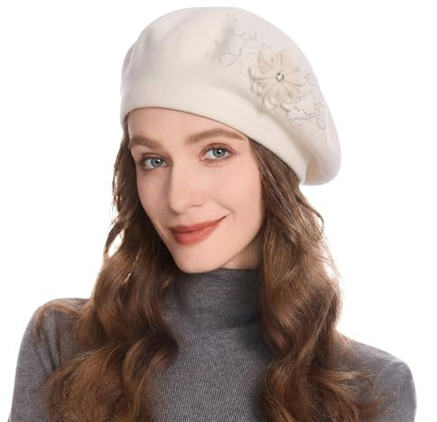 ZLYC Damen Französische Baskenmütze Winter Barette Beret mit Blumen Blumen Verziert
