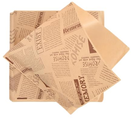 Ziyonix 200 Pieces Greaseproof Paper Sheets for Food Wrapping, Burger Paper Bags, Grease Proof Wrapping Sheets, Sandwich Wrap for Cheese Bread Fries Picnic, Open on Two Sides ((Newspaper 2, 18×18 cm)