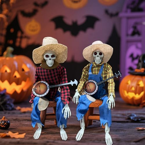 Animierte Halloween-Banjo-Skelette, leuchtendes Skelett, spielendes Banjo, Halloween-Dekoration, lustige, animierte Duell-Banjo-Skelette für Halloween, Innen- und Außendekoration (rot + gelb)