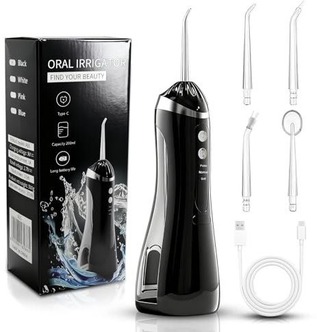 Munddusche Kabellos Elektrisch, Zahnsteinentferner Irrigator, Water Flosser Zahndusche, 200ML IPX7 Wasserdicht, 4 Jet Tips Tiefenreinigung für Zahnreinigung Zahnspange Empfindliches Zahnfleisch Travel