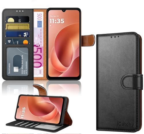 iCatchy Case for Motorola G06 / G06 Power with 4 Card Slots Leather Wallet Flip Book Magnetic Closure Kickstand Shockproof Protective Phone Cover compatible with Moto G06 Power / G06 (Black)