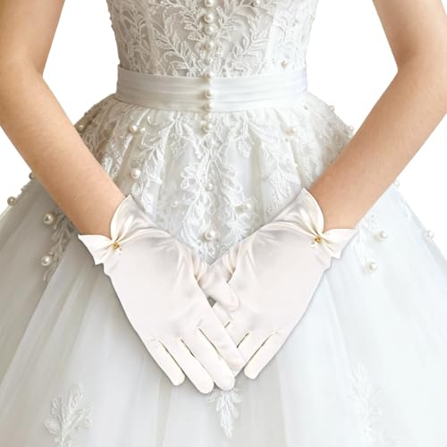 Penitue Short Satin Gloves for Women, White Dress Wedding Bridal Gloves with Pearl Accents for Banquet Tea Party Opera Dinner Party 1920s Vintage Costume Accessories