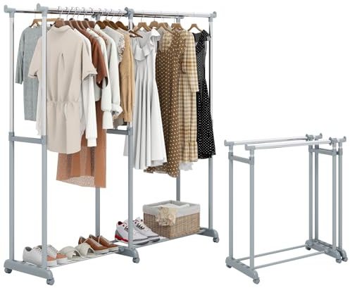 COSTWAY Portant a Vetement Double sur Roulette, Penderie Vetement Solide Extensible, Hauteur Réglable 94-169 cm, Largeur Réglable 107-168 cm, Porte Cintres sur Pied en Métal pour Vestiaire, Buanderie