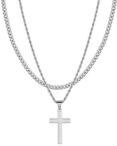 SEFORICO Lot de 2 Colliers Croix pour Hommes - Chaîne Cubaine - Cadeau d’anniversaire, Cadeau de Baptême, Pendentif Croix pour Garçons, Cadeau d’anniversaire pour Copain 45,5+50,5cm