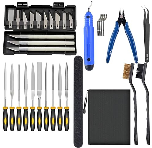 Entgrater 3D Druck Werkzeug Set, 34 Stück 3D Drucker Zubehör mit Handentgrater, Feilen, Bastelmesser, Drahtschneider, Pinzetten, für Modellbau Nachbearbeitung, Stützen Entfernen