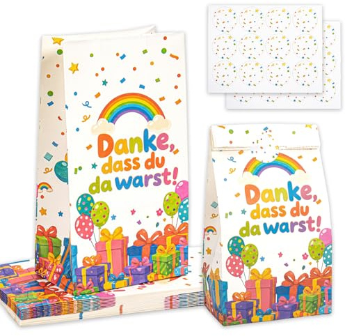 Geschenktüten Kindergeburtstag 20 Mitgebseltüten Kraftpapier mit Aufklebern | Inkl. 24 Sticker, 24 x 13 x 8 cm, Aufdruck Danke, stabiler Blockboden, reißfest und nachhaltig, für Gastgeschenke & Partys