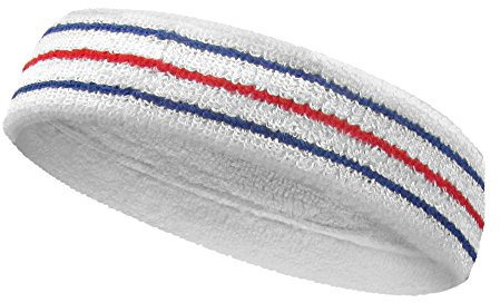 COUVER Tennis Headband - Cotton Terry Cloth Sweatband for Men & Women - High Absorbency Athletic Hairband for Gym, Basketball & Running - 1 Piece, White/Blue/Red, One Size