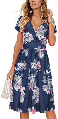 OUGES Damen Sommerkleid Kurzarm V-Ausschnitt Knielang Blumenmuster Midi Kleid mit Taschen(Floral05, L)