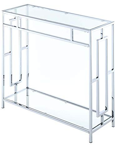 Convenience Concepts Town Square Chrome Glass Hall Table 31.5 - Modern Sofa Table with Storage Shelf, Entryway Table for Living Room, Bedroom, Bathroom, Glass/Chrome