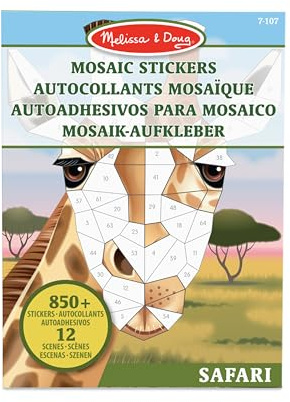 Melissa & Doug Album di adesivi per mosaici animali del safari (12 scenari colorati da comporre con 850+ adesivi)