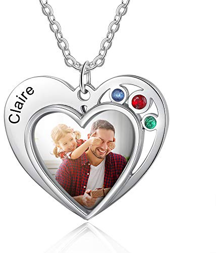 Foto Kette für Frauen Personalisiert Erkennungsmarke/Herz/Runde Anhänger Halskette mit Namen Texte Gravur Schmuck Silberplatte/Edelstahl Souvenir Geschenk (Herzform +3 Geburtsstein)