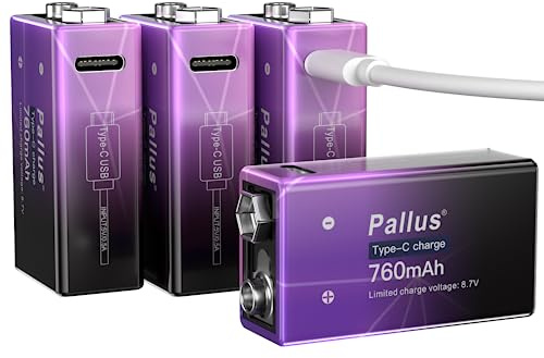 Pallus 9V Rechargeable Battery Pack, 4-Pack 760mAh Li-ion USB 9 Volt Battery for Smoke Alarms, Wireless Microphones, Smoke Detectors, Toys, Flashlights, Guitar