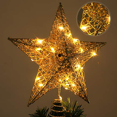 RECUTMS Christmas Tree Star Topper with Lights, Xmas Glittered Tree-top with LED Twinkle Lamp Ornament for Winter Party Home Bedroom Party Indoor Outdoor Lighting Decorations(Gold)