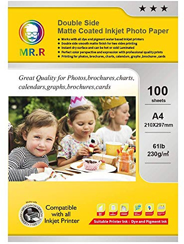 MR.R Double Side Matte Inkjet Photo Paper 230gsm A4 210 x 297mm Inkjet Photography Printing Pack of 100 Sheets