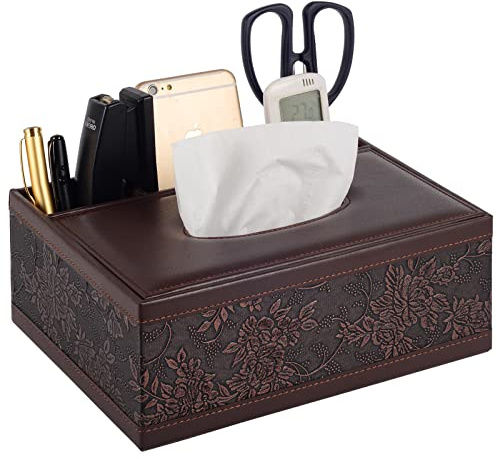 Multifunction PU Leather Tissue Box Holder/Cover Rectangular Upgrade Large Size Stationery Napkin Remote Control Storage Box,Facial Tissue Dispenser Organizer Caddy Home Office Supplies (Retro)