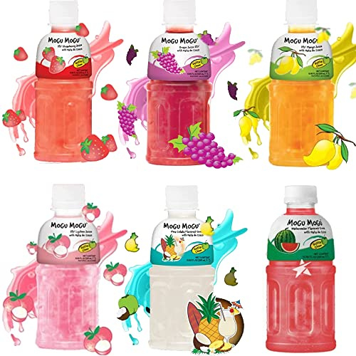 Mogu Mogu Lot de 6 bouteilles de jus de fruits fraise, litchi, mangue, pastèque, raisin et pina colada 320 ml