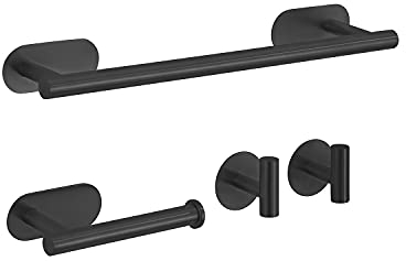 Laimew Juego de Accesorios de baño de 4 Piezas sin taladrar Acero Inoxidable Negro Barra de Toalla de 16 Pulgadas Soporte para Papel higiénico 2 Ganchos para Batas