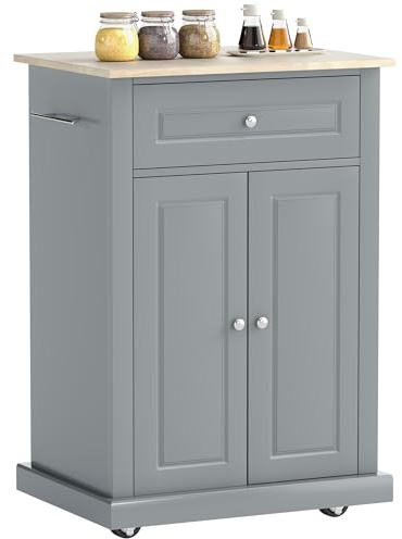 HOMCOM Rolling Kitchen Island Cart, Drawer & Adjustable Shelf, Grey