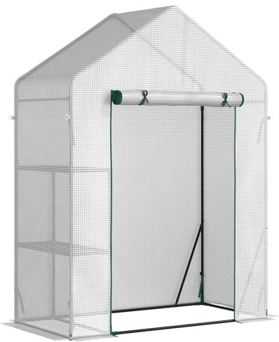 Outsunny Walk In Greenhouse with 2 Tier Shelf, Portable Gardening Plant Grow House Tomato Greenhouse with Roll up Zip Panel Door, Reinforced PE Cover, 143 x 73 x 195cm, Green