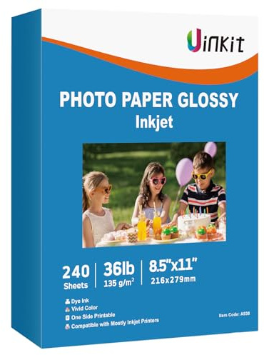 Uinkit 37lb Thin Flyer Paper Glossy 8.5x11 Inkjet 100 Sheets and 240 sheets Single Side DIY Chip Bag 135gsm Photos Picture for Inkjet Printer with Dye Ink Printer Letter size A4 Brochure (240)