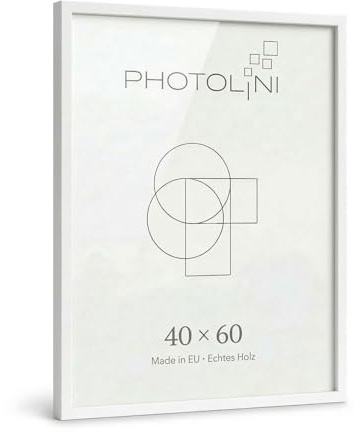 PHOTOLINI Bilderrahmen 40x60 Holz Weiß, 40x60 cm Bilderrahmen Made in EU, Holzrahmen 60x40 mit bruchsicherem Acrylglas, Picture Frame zum Aufhängen mit Zubehör - für Ihre liebsten Fotos & Bilder