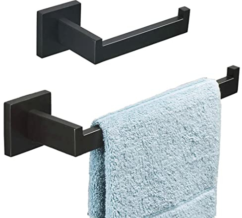 SHUNLI Black Toilet Paper Holder + Hand Towel Holder, 2 Pieces Bathroom Hardware Accessories Set, Wall Mounted Towel Ring Towel Bar, SUS304 Stainless Steel
