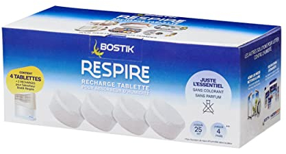 Bostik RESPIRE 4 Recharges Tablettes Déshumidificateur, Sans Colorant ni Parfum Maison, Appartement et Caravane, des Pièces Jusqu’à 25m², Recharges tabs 4x250g Absorbeur d’Humidité 30623618 Blanc