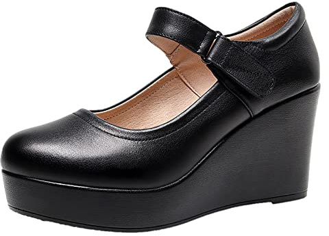 Jamron Damen Hohe Plateau 8CM Keilabsatz Mary Jane Schuhe Klettverschluss Knöchelriemen Leder Pumps Schwarz SN070281-2 EU36