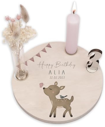Personalisierter Geburtstagsteller aus Holz mit Kerzenhalter, Vase & Jahres Zahlen - Geburtstagsdeko mit Name - 1. Geburtstag Baby & Kinder Geschenk - ⌀16 cm x 12mm - hellomini (REH)