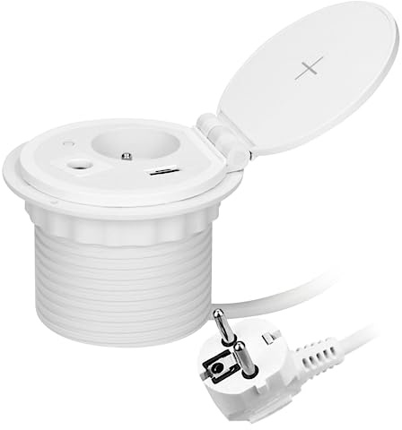 Miratic Prise Encastrable Plan de Travail Ø 8 cm avec Chargeur à Induction 2 Ports USB (A, C) Câble de 1,8 m avec Presse-étoupe Blanc