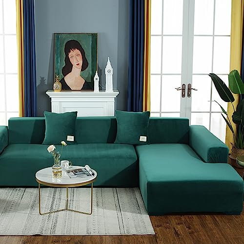 JunJiale Couchbezug L Form Segmentiert Sofabezug 2-teilig Soft Stretch Sofabezug 4-Sitzer + 4 Sitzer Möbelschutz Couch Schonbezug (Grün)