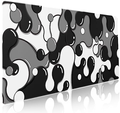 aportt Grand tapis de souris pour gaming motif anime géométrique japonais, dos antidérapant en caoutchouc et bords cousus, noir/blanc/gris, taille XXL, 90 x 40 cm