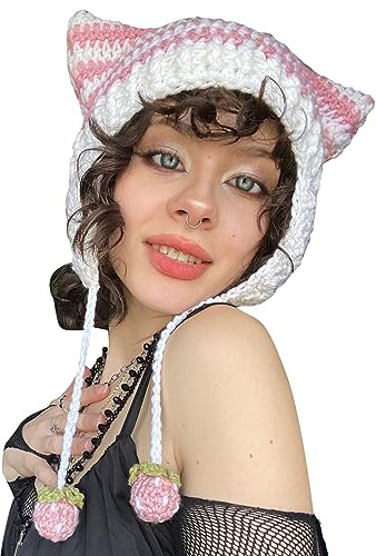 Edhomenn Frauen Katze Beanies Grunge Goth Beanies Katze Ohr Hut Y2k Crochet Beanie für Mädchen Streetwear, 01 Rosa, Einheitsgröße